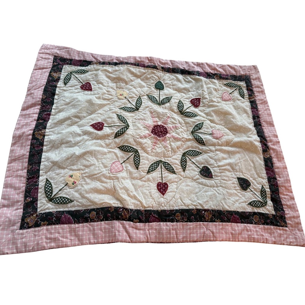 Vintage Quilted Pillow Sham Heart Floral Applique Cottagecore primitive 20x26